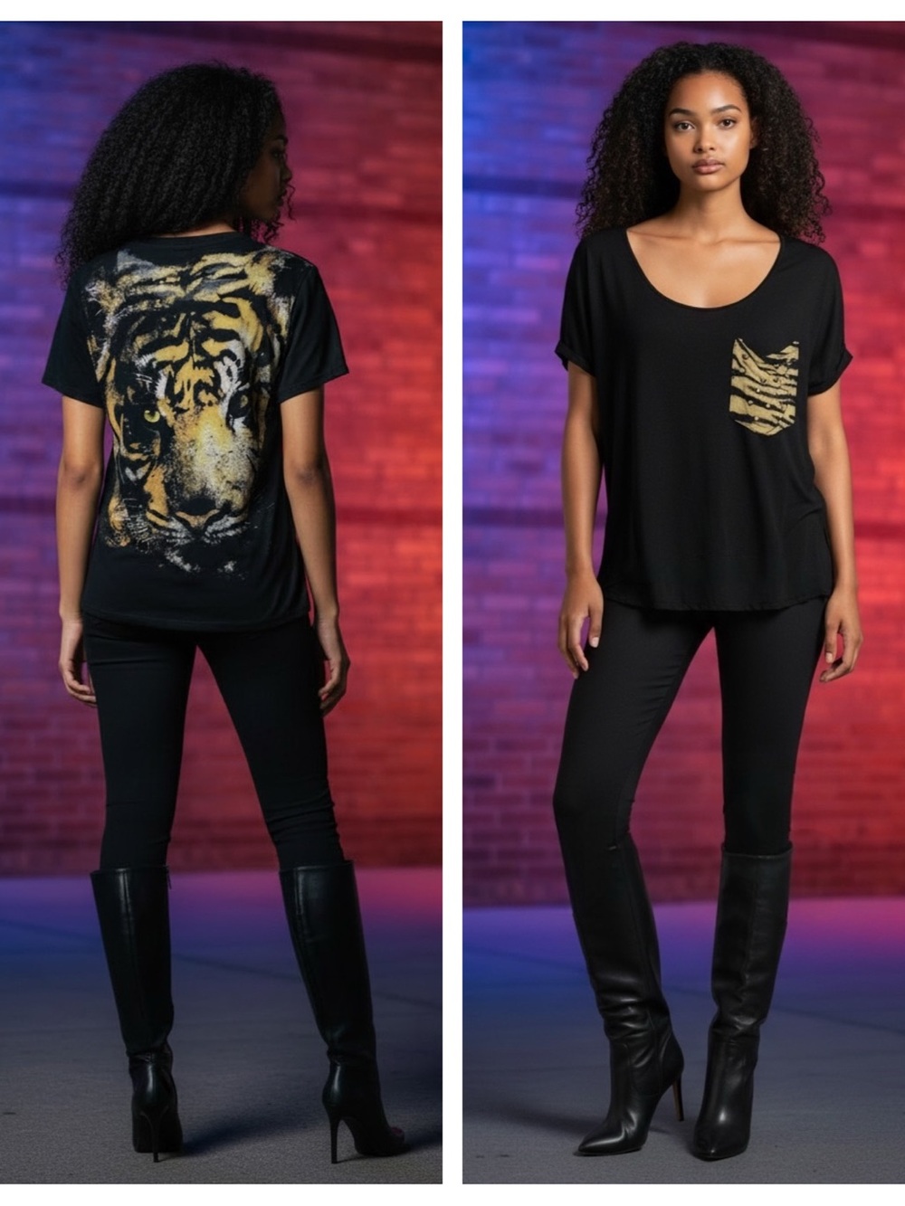 👚2/$10👗3/$12 The Clas-sic Black Tiger Back Graphic Print Gold Stud Pocket Tee